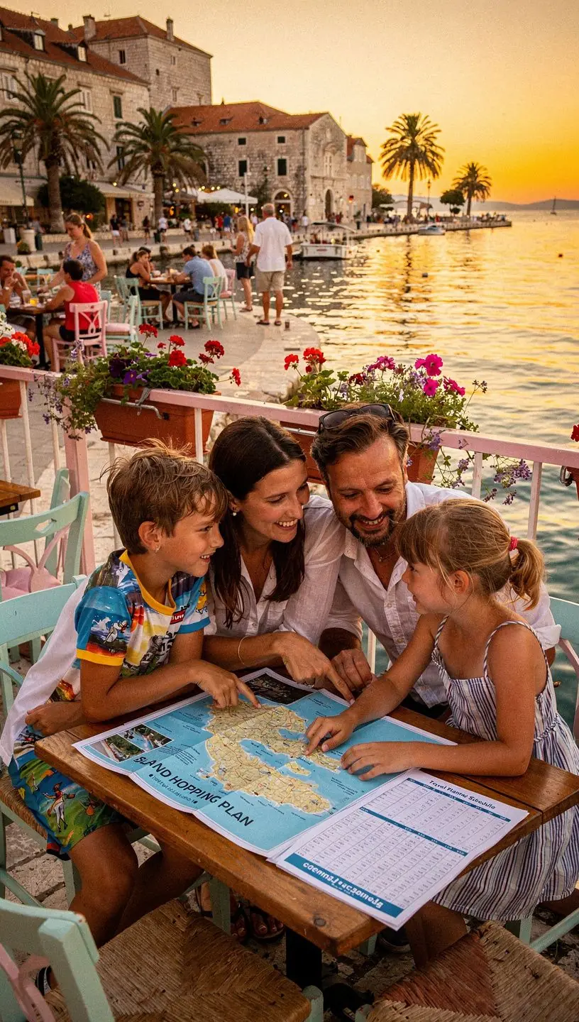 Vizualni prikaz rasporeda trajekata s označenim vremenima polazaka i dolazaka, integriran s planom noćenja na destinacijama.
